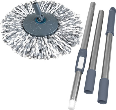 Primeway Stainless Steel Rotating Mop Handle with Plastic Disc and Diameter 38cm Refill Wet & Dry Mop(Grey 1.27 m)