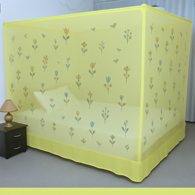SR ENTERPRISE HDPE - High Density Poly Ethylene Adults Washable Flower Printed Double Bed Premium Machardani, 6x7 Feet Strong & Durable Mosquito Net(Yellow, Bed Box)
