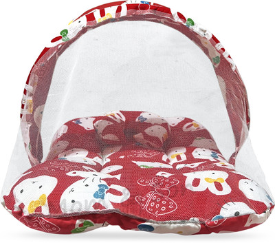 MOM & SON oddler Animal Printed Foldable Mattress with Mosquito net and Pillow Cotton Infants Mosquito Net(Red, Bed Box)