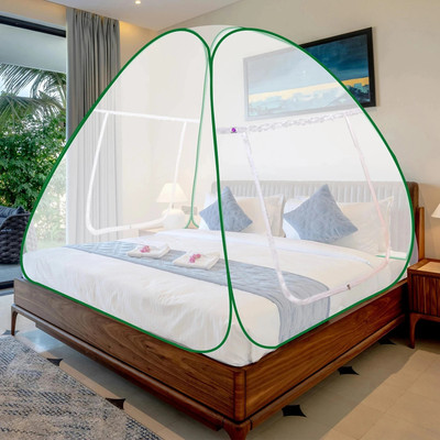 SILVER SHINE Polyester Adults Washable Foldable Mosquito Net for Double Bed Adult Use,Portable,Insect Protection Canopy Mosquito Net(White-Green, Tent)