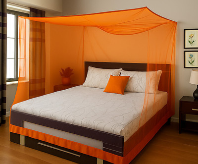 Shyom Square Hanging (8x8) King Size bed Polyester Washable Adults Mosquito Net(Orange, Bed Box)