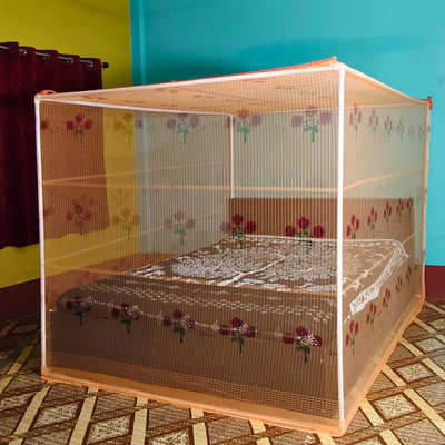 BITE-FREE Cotton Adults Washable Flower printed Mosquito Net(Orange, Bed Box)