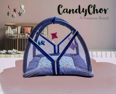 CandyChor Cotton Infants Washable Baby Play Gym with Mosquito Net, Bedding Set for New Born Babies Mosquito Net(Navy, White, Bed Box)
