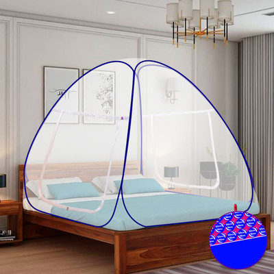 SILVER SHINE Polyester Adults Washable Polyester Adults Washable Primium border Foldable for Double Bed Mosquito Net Mosquito Net(Blue, Tent)