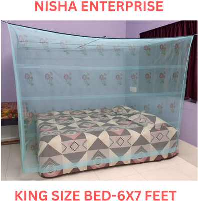 nisha enterprise Cotton Printed Zig-Zag Design King Size(6X7ft) Bed Box Mosqito Net Cotton Washable Adults Mosquito Net(Sky Blue, Bed Box)