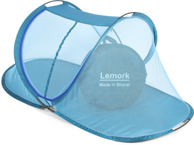 Lemork Polyester Adults Washable Single bed Foldable With Base , Mosquito Net(Blue, Bed Box)