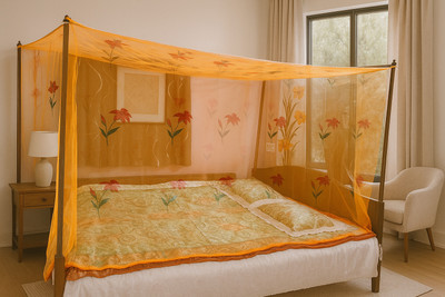 Fabrachana Cotton Adults Washable Best quality mosquito net machhardani flower design Mosquito Net(Orange, Bed Box)