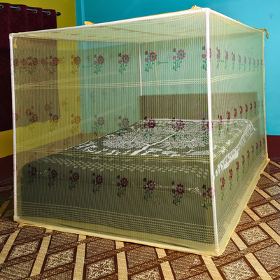 BITE-FREE Cotton Adults Washable Flower printed Mosquito Net(Yellow, Bed Box)