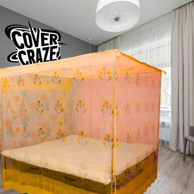 CoverCraze Polyester Adults Washable Orange double bed Daisy Floral without stand hanging Mosquito Net(Orange, Bed Box)