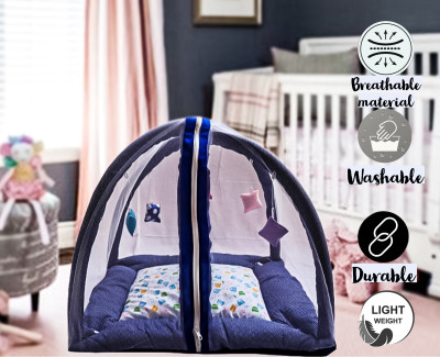 KIRADAY Cotton Infants Washable Baby Play Gym wit Mosquito Net, Bedding Set for New Born Babies 67 Mosquito Net(Dark Blue, White, Bed Box)