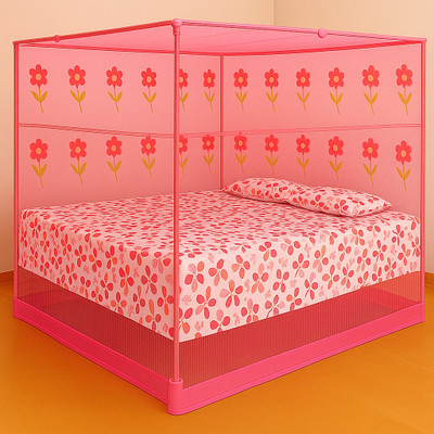 RN ENTERPRISE Premium Polyester Elegant Floral Design Polyester Washable Adults Mosquito Net(Pink, Bed Box)