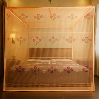 BITE-FREE Cotton Adults Washable Flower Printed Premium Foldable Superior Airflow King Size Double Bed Mosquito Net(Orange, Bed Box)