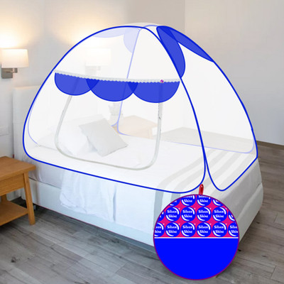 SILVER SHINE Polyester Adults Washable Polyester Adults Washable Primium border Foldable for Single Bed Mosquito Net Mosquito Net(Blue, Tent)