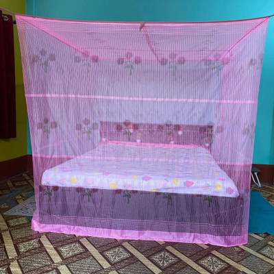 AasthaNet Flower Printed Pink (6x7) HDPE - High Density Poly Ethylene Washable Adults Mosquito Net(Pink, Bed Box)