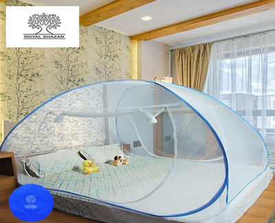 Royal Shazar Polyester Adults Washable Double Bed Mosquito Net Material Polyester King Size White & Blue Pack Of 1 Mosquito Net(White & Blue, Tent)
