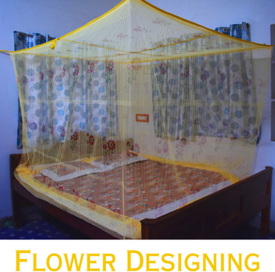 SS ENTERPRISE Polyester Adults Washable Flower Design Soft Yellow (6x7) Mosquito Net(SOFT YELLOW, Bed Box)
