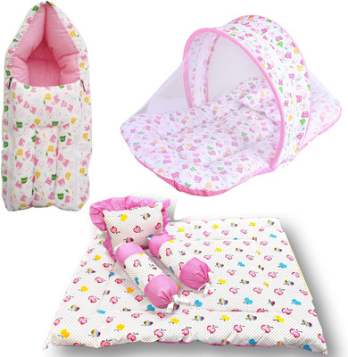 Mastiphotons Cotton Kids Washable Baby Mattress with Net & Sleeping Bag & Bedding Set Mosquito Net(Pink, Bed Box)