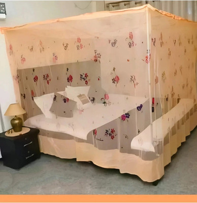 AARTI Paragon Orange colour flower printed premium quality 6×7 HDPE - High Density Poly Ethylene Washable Adults Mosquito Net(Orange, Bed Box)