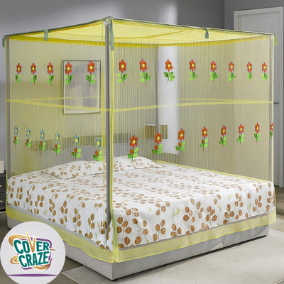 CoverCraze HDPE - High Density Poly Ethylene Adults Washable FLORAL DESIGN INSECT AND MOSQUITO PROTECTION NET Mosquito Net(Yellow, Bed Box)