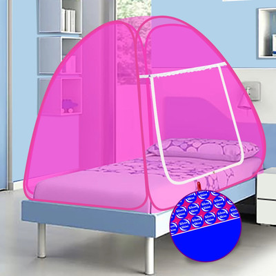 SILVER SHINE Polyester Adults Washable Single Bed White Color and Pink Border Polyster foderable Mosquito Net Mosquito Net(Pink, White, Tent)