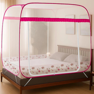 Classic Mosquito Net Polyester Adults Washable with 3 Side Zipper Doors & Mobile Pocket Supreme King Size Mosquito Net(Floral Pink, Tent)