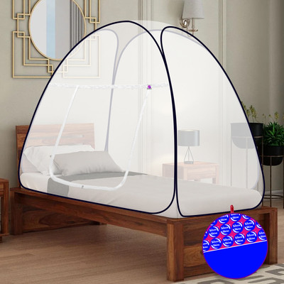 SILVER SHINE Polyester Adults Washable Polyester Foldable for Single Bed white Color and Black Border Mosquito Net Mosquito Net(Black & White, Tent)
