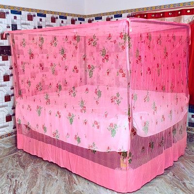 RN ENTERPRISE Polyester Adults Washable Floral Design with Stylish Bottom Mosquito Net(Pink, Bed Box)