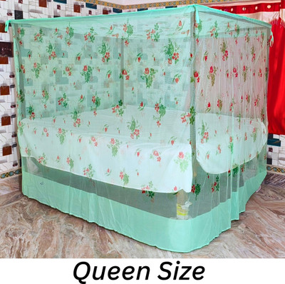 SR ENTERPRISE Cotton Adults Washable Mint Green Color Flower Printed Queen-Size Mosquito Net(Green, Bed Box)