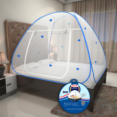 Kolar Premium 6.5 Feet x6.5 Feet Double Bed Machardani With Heart,King Size Double Bed Polyester Washable Adults Mosquito Net(Blue+Heart, Tent)