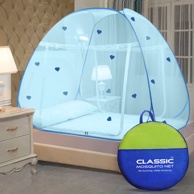 Classic Mosquito Net Polyester Adults Washable Heart design (limited edition)|Double Bed & King Size Foldable Machardani Mosquito Net(Full Blue Heart, Tent)