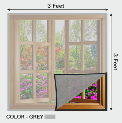 Auranest Fibre Adults Washable Window Mosquito Net Pre Stiched with Adhesive Hook & Loop Tape Mosquito Net(3X3 FEET-GREY, Frame Hung)