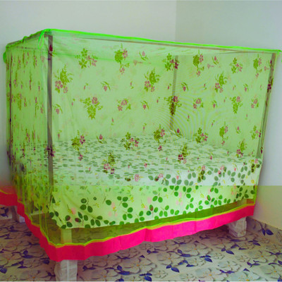 SM Enterprise Polyester Adults Washable Elegant Floral Design Foam Bottom Mosquito Net(Light Green, Bed Box)
