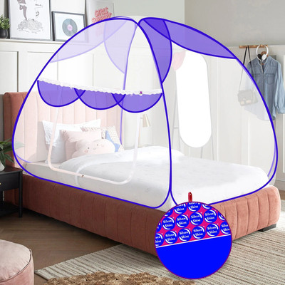 SILVER SHINE Polyester Adults Washable Primium Foldable for Single Bed Mosquito Net Polyester Washable Adults Mosquito Net(Blue and White, Tent)