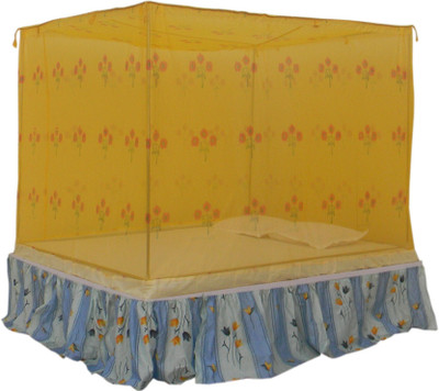 HEALTHY SLEEPING Polyester Adults Washable Double Bed Cotton Edge Traditional Printed Mosquito Net 6 X 7 ft Mosquito Net(Yellow, Frame Hung)