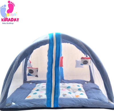 KIRADAY Cotton Infants Washable High Quality Baby Kick & Play Gym with 2 Layer Mattress Baby Bedding Set Mosquito Net(Blue, Bed Box)