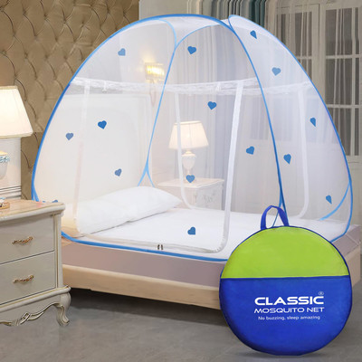 Classic Mosquito Net Polyester Adults Washable design (limited edition)|Double Bed & King Size Foldable Machardani Mosquito Net(Blue Heart, Tent)