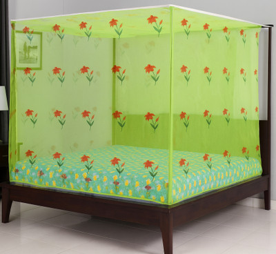 Mehon Craft Flower-Printed Double Bed Mosquito Net (Size 6x7-feet) Polyester Washable Adults Mosquito Net(Green, Bed Box)