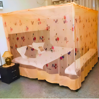 SR ENTERPRISE HDPE - High Density Poly Ethylene Adults Washable Premium Flower Printed Foldable Soft Orange Color Double Bed (6x7 ft) Mosquito Net(Orange, Bed Box)