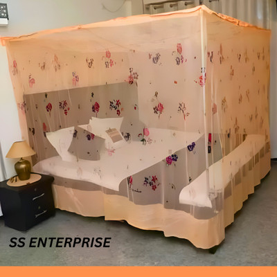 SS ENTERPRISE Polyester Adults Washable Double Bed Flower Orange (6x7) Mosquito Net(SOFT ORANGE, Bed Box)
