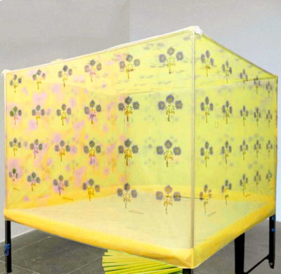 AARTI Foldable Yellow Color Flower Printed Double Bed Size Mosquito Net (6x7 ft) HDPE - High Density Poly Ethylene Washable Adults Mosquito Net(Yellow, Bed Box)