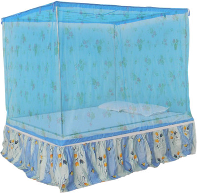 Homecute Polyester Adults Washable Double Bed Cotton Edge Traditional Printed Mosquito Net 6 X 7 ft Mosquito Net(Blue, Frame Hung)