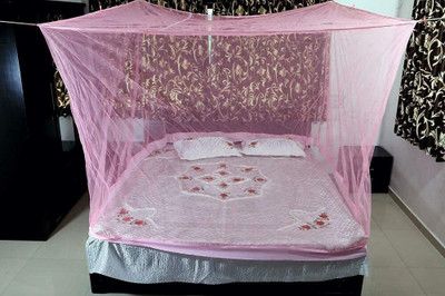 MISRI MOSQUITO NETS Nylon Square Hanging Mosquito Net King Size Bed Nylon Washable Adults Mosquito Net(Pink, Frame Hung)