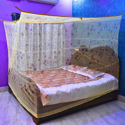 SR ENTERPRISE HDPE - High Density Poly Ethylene Adults Washable Premium Flower Printed Foldable Soft Yellow Color Double Bed (6x7 ft) Mosquito Net(Soft Yellow, Bed Box)