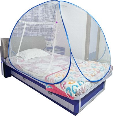 NM CREATION Polyester Adults Washable Mosquito Net Polyster Fodeble for Adult Single Bed White Color and Blue Patti Mosquito Net(White/Blue, Tent)