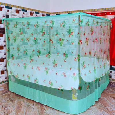 RN ENTERPRISE Polyester Adults Washable Elegant Flower Print Design with Designing Bottom Mosquito Net(Green, Bed Box)