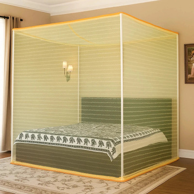 BITE-FREE Cotton Adults Washable ZigZag Wave Embroidery Premium Foldable Superior Airflow King Size Double Bed Mosquito Net(Yellow, Bed Box)