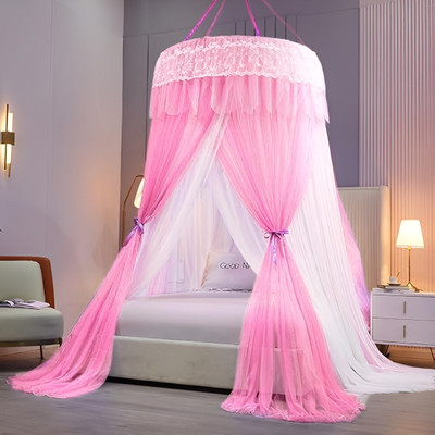 Newnet Polyester Adults Washable Light Pink Mosquito Net Machardani Canopy Decorative Palace Style Mosquito Mosquito Net(Light Pink, Ceiling Hung)