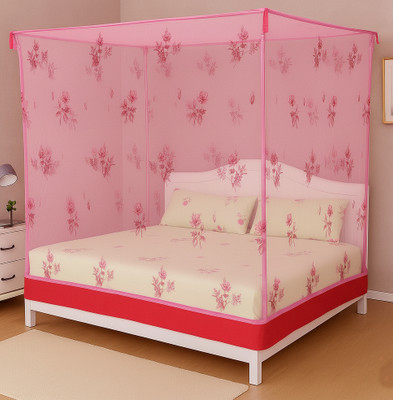 Mehon Craft Mosquito Net For Double Bed Flower-Printed with Cotton Tape (Size 6x7-feet) Polyester Washable Adults Mosquito Net(Pink, Bed Box)