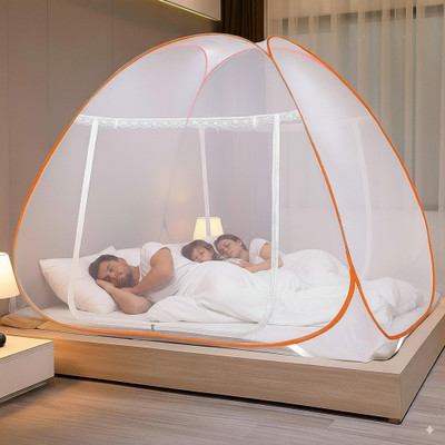 Evafly Mosquito net for Double Bed|King Size Bed Foldable Machhardani|6.5x6.5 feet Polyester Washable Adults Mosquito Net(Orange, Tent)