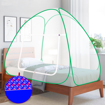 SILVER SHINE Polyester Adults Washable Mosquito Net Foldable Polyester for Single Bed White Color and Green Patti Mosquito Net(Green Patti, Tent)
